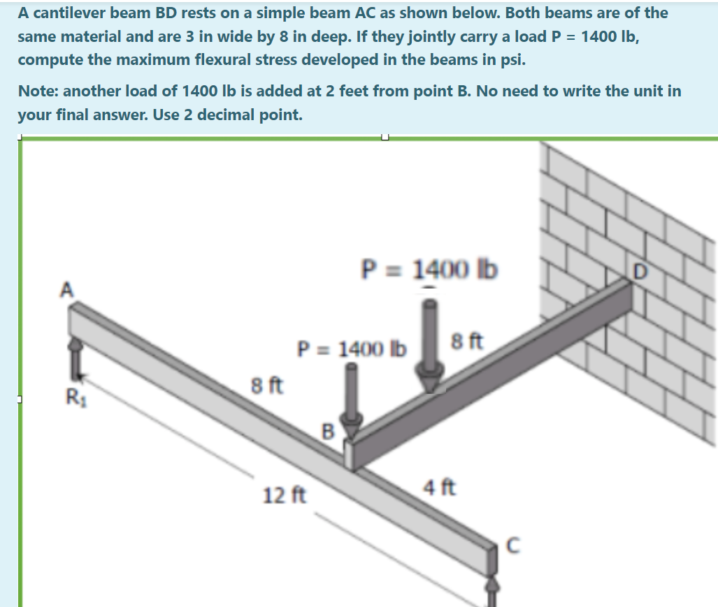 A cantilever beam BD rests on a simple beam AC as shown below. Both beams are of the
same material and are 3 in wide by 8 in deep. If they jointly carry a load P = 1400 lb,
compute the maximum flexural stress developed in the beams in psi.
Note: another load of 1400 lb is added at 2 feet from point B. No need to write the unit in
your final answer. Use 2 decimal point.
P = 1400 lb
8 ft
R₁
8 ft
P = 1400 lb
B
12 ft
4 ft
с