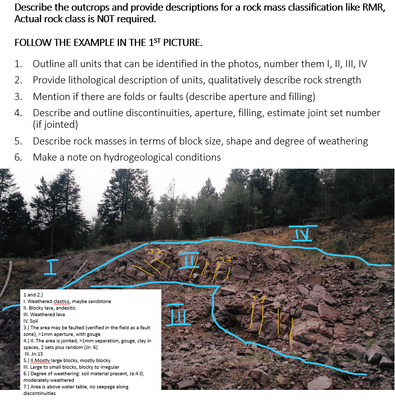 Describe the outcrops and provide descriptions for a rock mass classification like RMR,
Actual rock class is NOT required.
FOLLOW THE EXAMPLE IN THE 1ST PICTURE.
1. Outline all units that can be identified in the photos, number them I, II, III, IV
2. Provide lithological description of units, qualitatively describe rock strength
3. Mention if there are folds or faults (describe aperture and filling)
4. Describe and outline discontinuities, aperture, filling, estimate joint set number
(if jointed)
5. Describe rock masses in terms of block size, shape and degree of weathering
6. Make a note on hydrogeological conditions
1 and 2.)
I. Weathered clastics, maybe sandstone
II. Blocky lava, andesitic
III. Weathered lava
IV. Soil
3.) The area may be faulted (verified in the field as a fault
zone), >1mm aperture, with gouge
4.) II. The area is jointed, >1mm separation, gouge, clay in
spaces, 2 sets plus random (Jn: 6)
III. Jn:15
5.) ILMostly large blocks, mostly blocky
II. Large to small blocks, blocky to irregular
6.) Degree of weathering: soil material present, Ja:4.0;
moderately weathered
7.) Area is above water table, no seepage along
discontinuities
