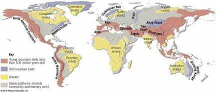 Greerland
Ang
sheld
Canadch
shidd
Bat
shuld
Ales
Altaj-Sayan
Tien
Shar
Manalayan
sepelachiae
Indian
shiek
Chooco
sheld
Ahican
shield
Key
Young mountain bets dess
than 100 milion yeors ol
Od mountan bets
Branilan
shind
Australan
shiek
Shels
Statie platores shieids
covered by sedimentary rock)
Gret
Dividin
Andes
Mantal
American Cordiera
