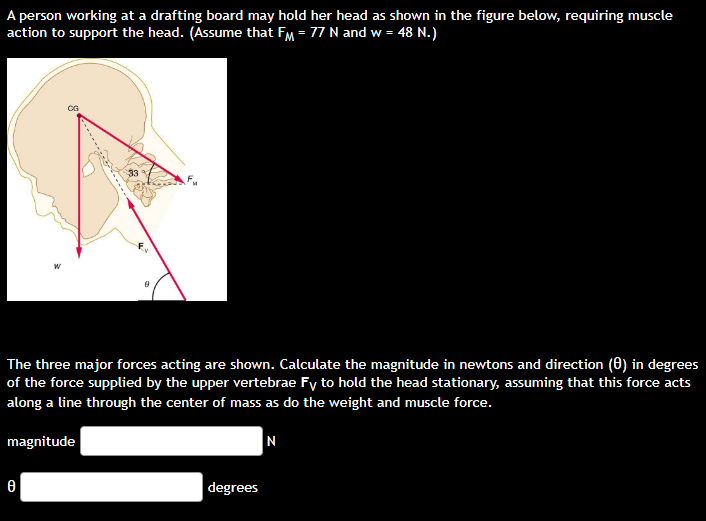 A person working at a drafting board may hold her head as shown in the figure below, requiring muscle
action to support the head. (Assume that FM = 77 N and w = 48 N.)
33
A
The three major forces acting are shown. Calculate the magnitude in newtons and direction (0) in degrees
of the force supplied by the upper vertebrae Fy to hold the head stationary, assuming that this force acts
along a line through the center of mass as do the weight and muscle force.
magnitude
0
9
degrees
N