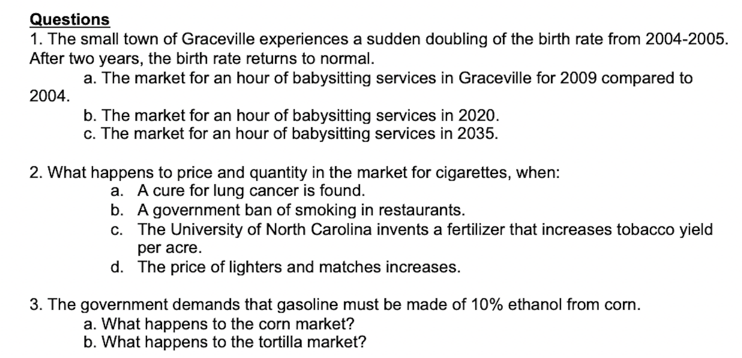 1. The small town of Graceville experiences a sudden doubling of the birth rate from 2004-2005.
After two years, the birth rate returns to normal.
a. The market for an hour of babysitting services in Graceville for 2009 compared to
2004.
b. The market for an hour of babysitting services in 2020.
c. The market for an hour of babysitting services in 2035.
2. What happens to price and quantity in the market for cigarettes, when:
a. A cure for lung cancer is found.
b. A government ban of smoking in restaurants.
c. The University of North Carolina invents a fertilizer that increases tobacco yield
per acre.
d. The price of lighters and matches increases.
3. The government demands that gasoline must be made of 10% ethanol from corn.
a. What happens to the corn market?
b. What happens to the tortilla market?
