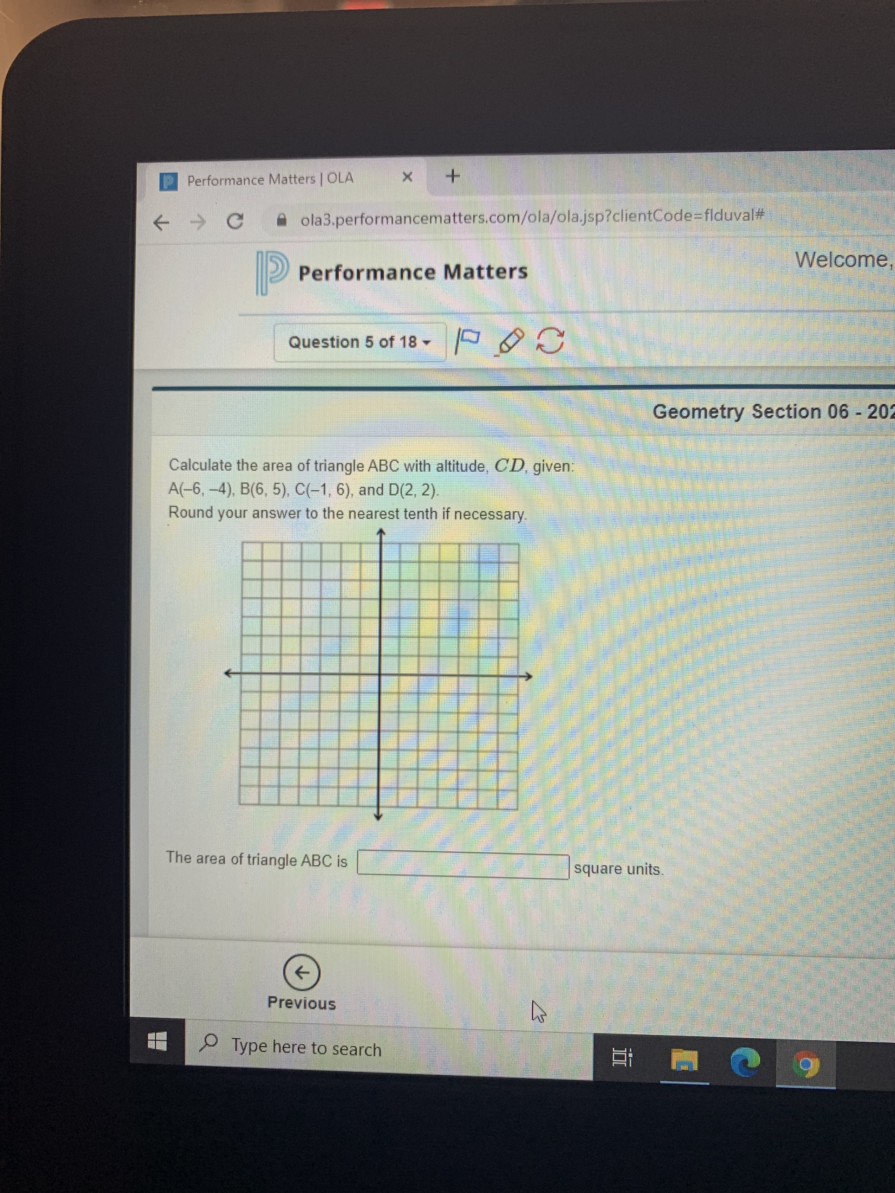 Calculate the area of triangle ABC with altitude, CD, given.
A(-6, –4), B(6, 5), C(-1, 6), and D(2, 2).
Round your answer to the nearest tenth if necessary.
