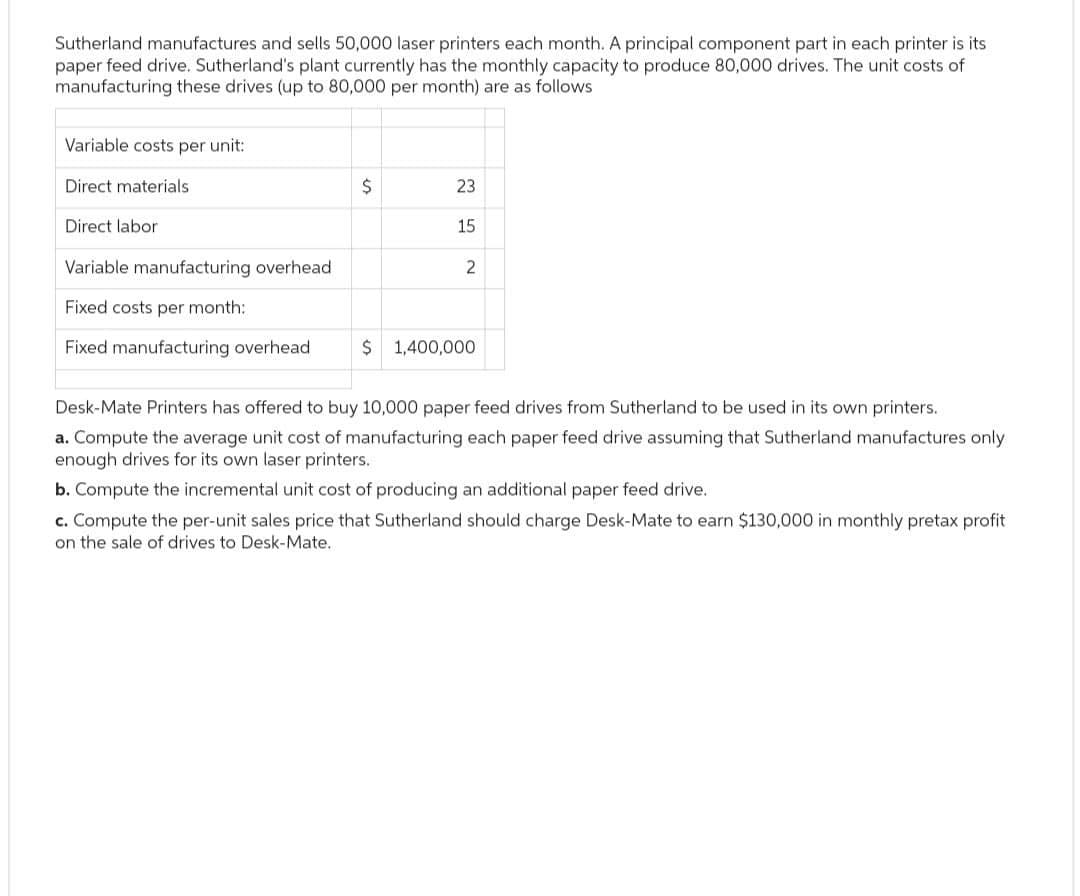 Sutherland manufactures and sells 50,000 laser printers each month. A principal component part in each printer is its
paper feed drive. Sutherland's plant currently has the monthly capacity to produce 80,000 drives. The unit costs of
manufacturing these drives (up to 80,000 per month) are as follows
Variable costs per unit:
Direct materials
Direct labor
Variable manufacturing overhead
Fixed costs per month:
Fixed manufacturing overhead
$
23
15
2
$1,400,000
Desk-Mate Printers has offered to buy 10,000 paper feed drives from Sutherland to be used in its own printers.
a. Compute the average unit cost of manufacturing each paper feed drive assuming that Sutherland manufactures only
enough drives for its own laser printers.
b. Compute the incremental unit cost of producing an additional paper feed drive.
c. Compute the per-unit sales price that Sutherland should charge Desk-Mate to earn $130,000 in monthly pretax profit
on the sale of drives to Desk-Mate.
