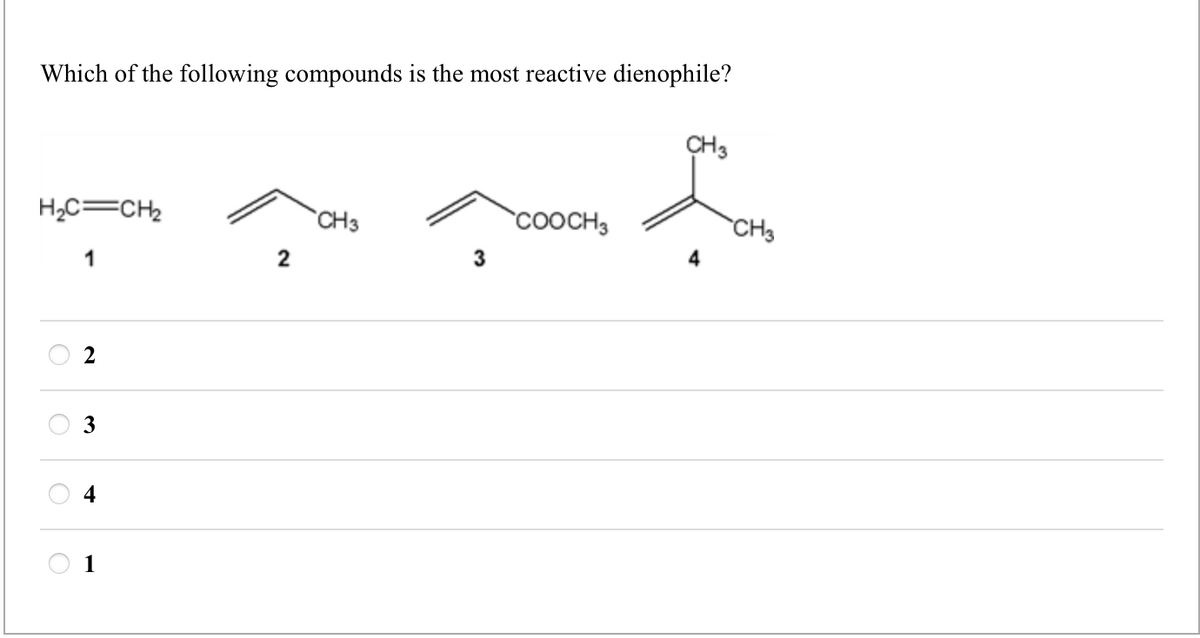 Which of the following compounds is the most reactive dienophile?
H₂C=CH2
CH3
COOCH3
2
3
CH3
CH3