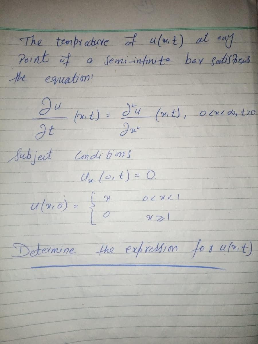 The tempratuve of ulv.t) at any
Point of a Semi-intinite bay Satishicus
the equation:
frut):
Ju (. t), o cue doi, t2o
Sabject
Condi tions
CUhe loit) = 0
Determine
the expression
fo r ufoit)
