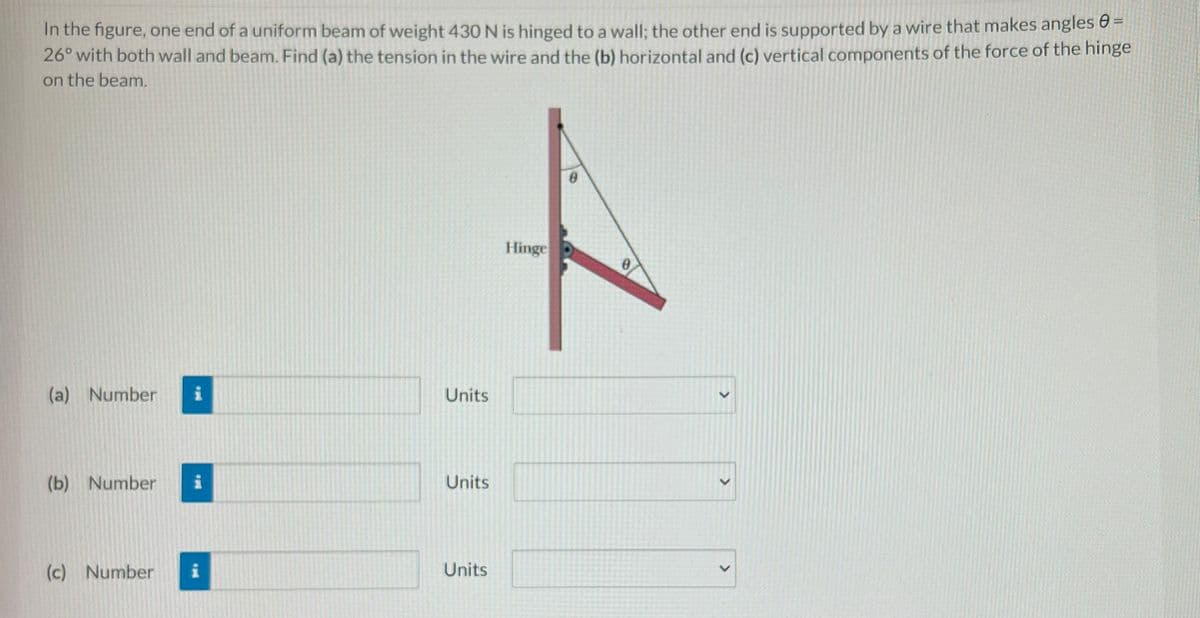 In the figure, one end of a uniform beam of weight 430 N is hinged to a wall; the other end is supported by a wire that makes angles e =
26° with both wall and beam. Find (a) the tension in the wire and the (b) horizontal and (c) vertical components of the force of the hinge
on the beam.
to
Hinge
(a) Number
Units
(b) Number
Units
(c) Number
Units
>
>
