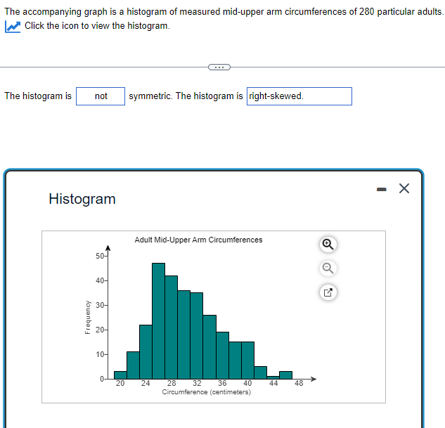 The accompanying graph is a histogram of measured mid-upper arm circumferences of 280 particular adults.
Click the icon to view the histogram.
The histogram is
not
Histogram
Frequency
50-
40-
30-
20-
10-
0-
20
symmetric. The histogram is right-skewed.
Adult Mid-Upper Arm Circumferences
24
28 32 36 40 44
Circumference (centimeters)
48
- X