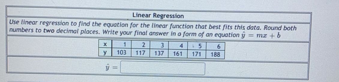 Linear Regression
Use linear regression to find the equation for the linear function that best fits this data. Round both
numbers to two decimal places. Write your final answer in a form of an equation y
= mr + b
3
: 5
6.
y
103
117
137
161
171
188
