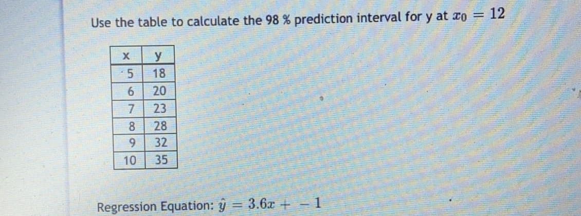 = 12
Use the table to calculate the 98 % prediction interval for y at ro =
y
18
20
7
23
80
28
9.
32
10
35
1
Regression Equation: y = 3.6x + -
