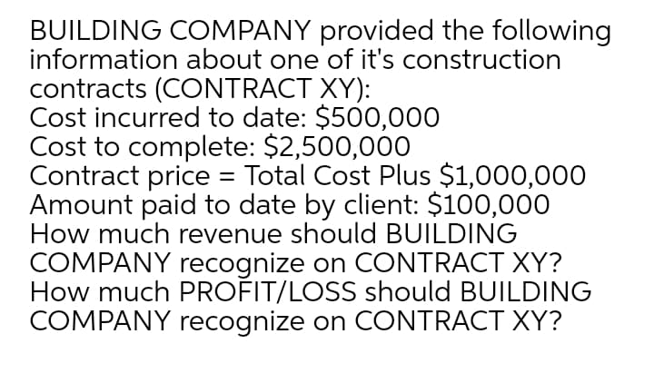 BUILDING COMPANY provided the following
information about one of it's construction
contracts (CONTRACT XY):
Cost incurred to date: $500,000
Cost to complete: $2,500,000
Contract price = Total Cost Plus $1,000,000
Amount paid to date by client: $100,000
How much revenue should BUILDING
COMPANY recognize on CONTRACT XY?
How much PROFIT/LOSS should BUILDING
COMPANY recognize on CONTRACT XY?
%3D
