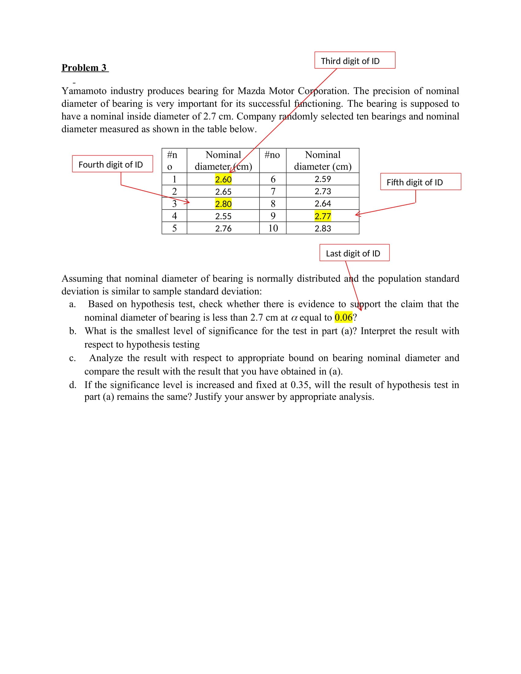 Yamamoto industry produces bearing for Mazda Motor Corporation. The precision of nominal
diameter of bearing is very important for its successful functioning. The bearing is supposed to
have a nominal inside diameter of 2.7 cm. Company randomly selected ten bearings and nominal
diameter measured as shown in the table below.
