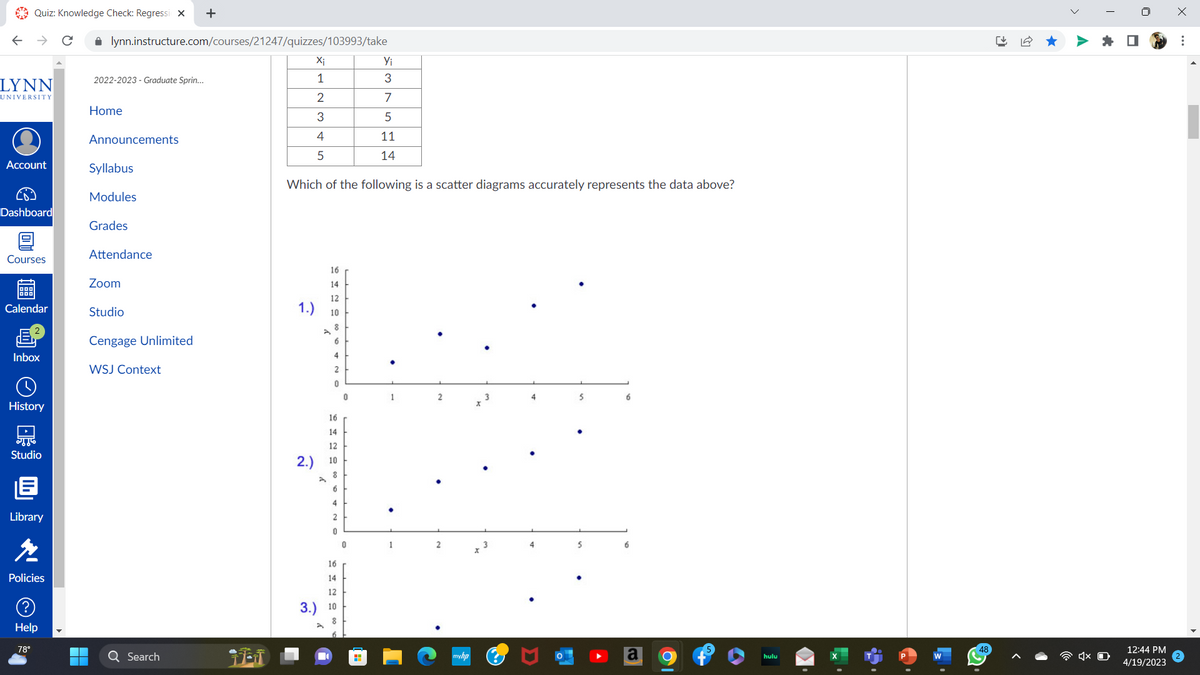 Quiz: Knowledge Check: Regressi X
LYNN
UNIVERSITY
Account
€
Dashboard
Courses
Calendar
Inbox
History
Studio
Library
Policies
Help
78°
lynn.instructure.com/courses/21247/quizzes/103993/take
2022-2023- Graduate Sprin...
Home
Announcements
Syllabus
Modules
Grades
Attendance
Zoom
Studio
Cengage Unlimited
WSJ Context
+
Q Search
1.)
Xi
1
2
3
4
5
Which of the following is a scatter diagrams accurately represents the data above?
2.)
16
14
12
10
28
6
4
2
0
16
14
12
10
8
6
4
2
0
16
14
12
3.) 10
0
0
Yi
3
7
5
11
14
H
2
2
4
5
5
6
a
hulu
48
Le
<
I
4x O
12:44 PM
4/19/2023