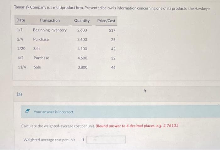 Tamarisk Company is a multiproduct firm. Presented below is information concerning one of its products, the Hawkeye.
Date
Transaction
Quantity
Price/Cost
1/1
Beginning inventory
2,600
$17
2/4
Purchase
3,600
2/20
Sale
4,100
4/2
Purchase
4,600
11/4
Sale
3,800
22245
32
46
(a)
Your answer is incorrect.
Calculate the weighted-average cost per unit. (Round answer to 4 decimal places, e.g. 2.7613.)
Weighted-average cost per unit $