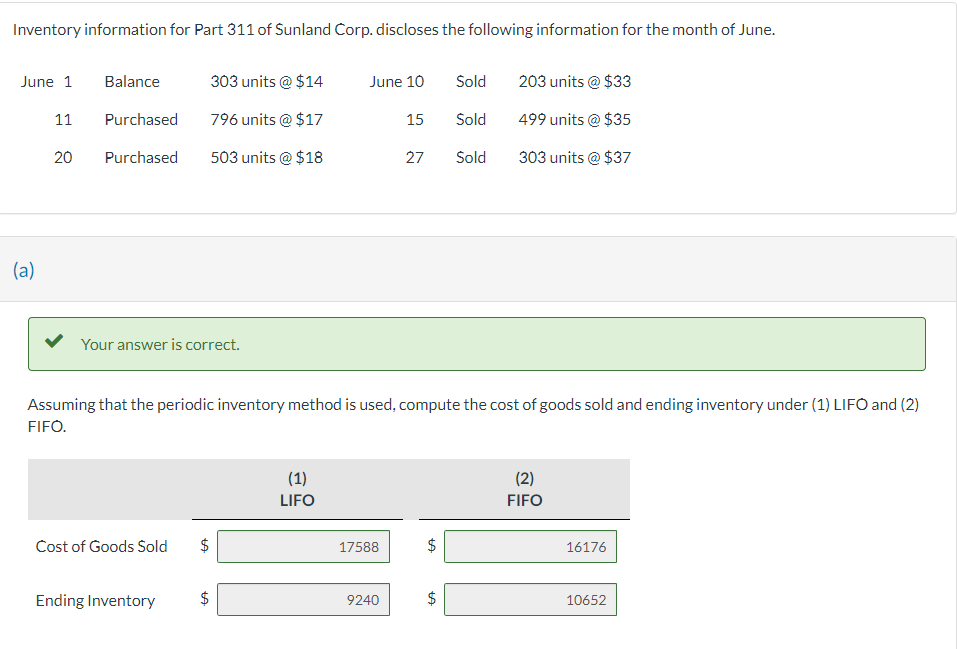 Inventory information for Part 311 of Sunland Corp. discloses the following information for the month of June.
June 1
(a)
11
20
Balance
Purchased
Purchased
Your answer is correct.
Cost of Goods Sold
303 units @ $14
796 units @ $17
503 units @ $18
LA
LA
Ending Inventory $
June 10
Assuming that the periodic inventory method is used, compute the cost of goods sold and ending inventory under (1) LIFO and (2)
FIFO.
(1)
LIFO
17588
15
9240
27
ta
Sold
Sold
Sold
tA
203 units @ $33
499 units @ $35
303 units @ $37
(2)
FIFO
16176
10652