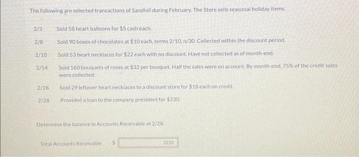 The following are selected transactions of Sandhill during February, The Store sells seasonal holiday items.
2/3
2/8
2/10
2/14
2/28
2/28
Sold 58 heart balloons for $5 cash each.
Sold 90 boxes of chocolates at $10 each, terms 2/10, n/30. Collected within the discount period.
Sold 53 heart necklaces for $22 each with no discount. Have not collected as of month-end.
Sold 160 bouquets of roses at $32 per bouquet. Half the sales were on account. By month-end, 75% of the credit sales
were collected.
Sold 29 leftover heart necklaces to a discount store for $18 each on credit.
Provided a loan to the company president for $230,
Determine the balance in Accounts Receivable at 2/28.
Total Accounts Receivable.
3228