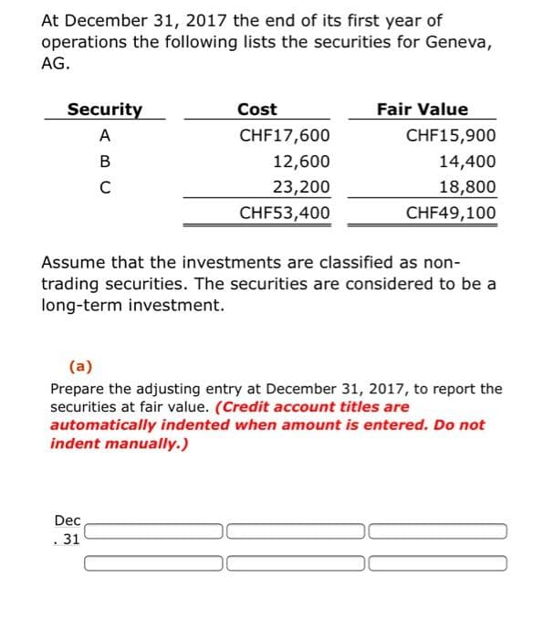 At December 31, 2017 the end of its first year of
operations the following lists the securities for Geneva,
AG.
Security
A
B
C
Cost
CHF17,600
12,600
23,200
CHF53,400
Fair Value
Dec
. 31
CHF15,900
14,400
18,800
CHF49,100
Assume that the investments are classified as non-
trading securities. The securities are considered to be a
long-term investment.
(a)
Prepare the adjusting entry at December 31, 2017, to report the
securities at fair value. (Credit account titles are
automatically indented when amount is entered. Do not
indent manually.)