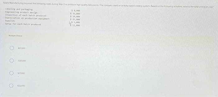 SparkManufacturing incurred the following costs duning Year 2 to produce high quality televisions. The compeny used an activity based costing system Based on the following activities, what is the total unt leve cost
Labeling and packaging
Engineering product design
Inspection of each batch produced
Depreciation on production equipment
Supplies
Setup for each batch produced
Maple ChucY
O
O
$57,000
$20,000
$32000
$12000
$8,000
$ 32,000
$ 10,000
$ 25,000
$5,000
3 12,000