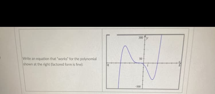 Write an equation that "works" for the polynomial
shown at the right (factored form is fine):
300
50
A
-300