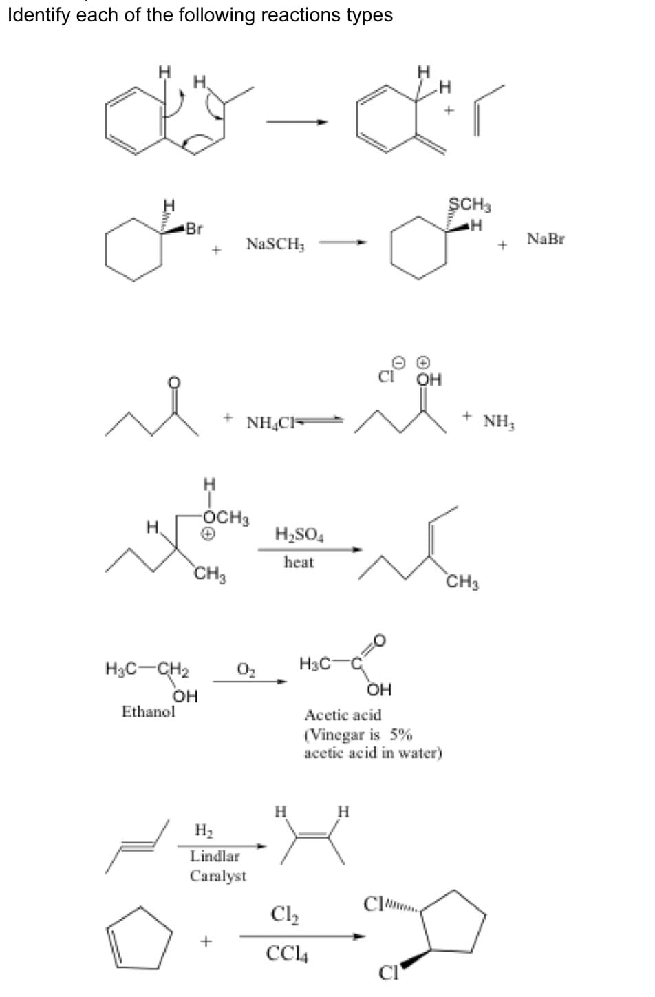 Identify each of the following reactions types
J.-J.
NaSCH;
Br
i
H₂C-CH₂
Ethanol
+
OH
H
CH3
storl
-OCH3
H₂SO4
heat
NHẠCH
+
0₂₁₂
H₂
Lindlar
Caralyst
H
H3C
SCH3
OH
Acetic acid
(Vinegar is 5%
acetic acid in water)
Cl₂
CC14
H
H
OH
OPM - MIL
+
NH3
+
CH3
NaBr