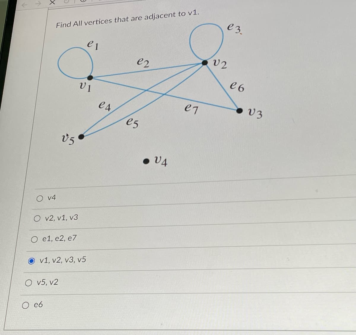 Find All vertices that are adjacent to v1.
O v4
O v2, v1, v3
V5
O e1,e2, e7
O v5, v2
O e6
v1, v2, v3, v5
e 1
VI
es
e2
e5
• V4
e7
e 3.
V2
e6
V3