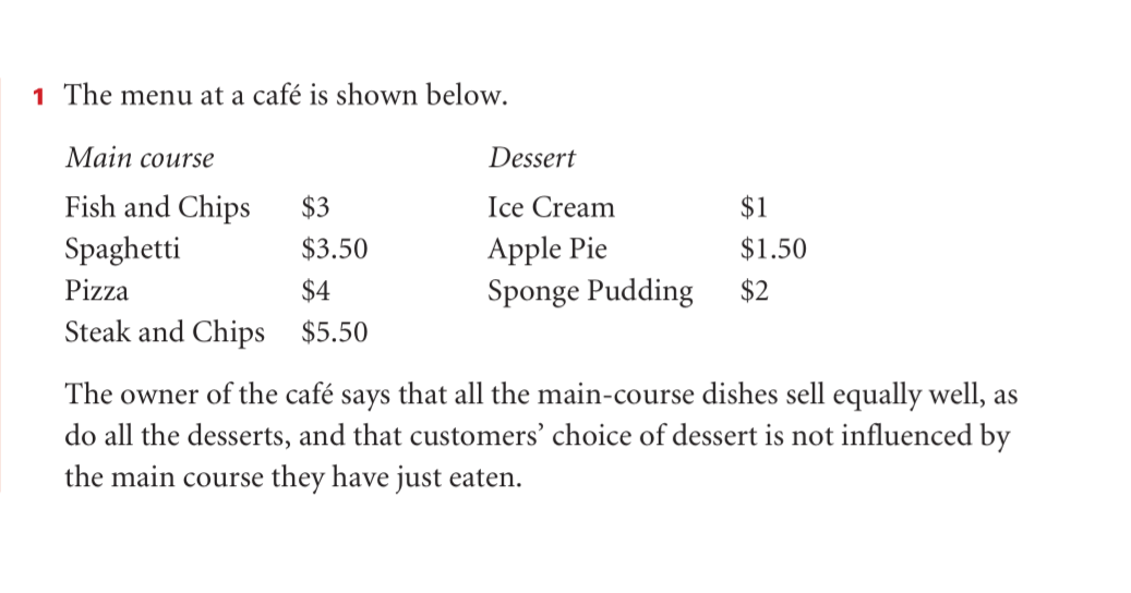 1 The menu at a café is shown below.
Main coursе
Dessert
Fish and Chips
$3
Ice Cream
$1
Apple Pie
Sponge Pudding
Spaghetti
$3.50
$1.50
Pizza
$4
$2
Steak and Chips $5.50
The owner of the café says that all the main-course dishes sell equally well, as
do all the desserts, and that customers' choice of dessert is not influenced by
the main course they have just eaten.
