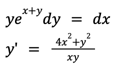 x+y
ye dy = dx
2 2
4x +y
y'
xy