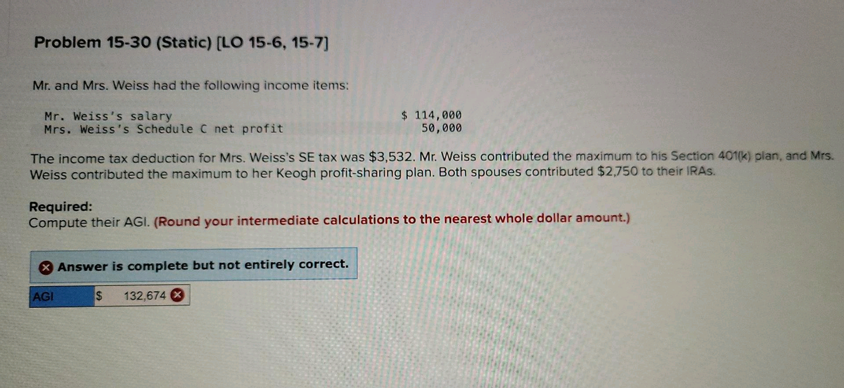 Problem 15-30 (Static) [LO 15-6, 15-7]
Mr. and Mrs. Weiss had the following income items:
Mr. Weiss's salary
Mrs. Weiss's Schedule C net profit
$ 114,000
50,000
The income tax deduction for Mrs. Weiss's SE tax was $3,532. Mr. Weiss contributed the maximum to his Section 401(k) plan, and Mrs.
Weiss contributed the maximum to her Keogh profit-sharing plan. Both spouses contributed $2,750 to their IRAS.
Required:
Compute their AGI. (Round your intermediate calculations to the nearest whole dollar amount.)
Answer is complete but not entirely correct.
AGI
24
132,674 X
