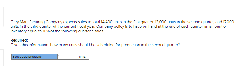 Grey Manufacturing Company expects sales to total 14,400 units in the first quarter, 13,000 units in the second quarter, and 17,000
units in the third quarter of the current fiscal year. Company policy is to have on hand at the end of each quarter an amount of
Inventory equal to 10% of the following quarter's sales.
Requlred:
Given this Information, how many units should be scheduled for production In the second quarter?
Scheduled production
units
