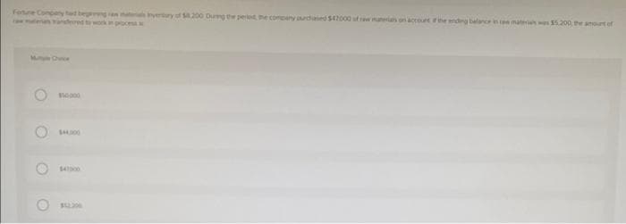 Fertune Company had begng an ha s yertury of S4.200 Dung the peried the conpany chaed $47000 f raw maerias on account if the ending balance in ree materi was $5.200 the amount ef
man wansdered twokin pocesa
Mu Chnce
$400
