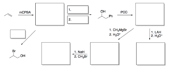 1.
MCPBA
OH
PCC
Ph
2.
1. CH,MgBr
2. Hо
1. LAH
2. H;O*
1. NaH
2. CH,Br
Br
