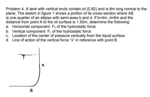 Problem 4. A tank with vertical ends contain oil (0.82) and is 8m long nomal to the
plane. The sketch in figure 1 shows a portion of its cross-section where AB
is one-quarter of an ellipse with semi-axes b and d. If b=4m, d=6m and the
distance from point A to the oil surface is 1.50m, determine the following:
a. Horizontal component Fn of the hydrostatic force
b. Vertical component F, of the hydrostatic force
c. Location of the center of pressure vertically from the liquid surface
d. Line of action of the vertical force "x" in reference with point B
A
B.
