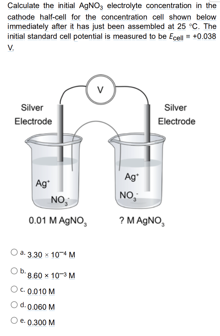 Calculate the initial AgNO 3 electrolyte concentration in the
cathode half-cell for the concentration cell shown below
immediately after it has just been assembled at 25 °C. The
initial standard cell potential is measured to be Ecell = +0.038
V.
Silver
Electrode
V
Silver
Electrode
Ag*
Ag*
NO3
NO3
0.01 M AgNO3
? M AgNO3
a. 3.30 x 104 M
b.
8.60 × 10 3 M
C. 0.010 M
d.
0.060 M
e. 0.300 M