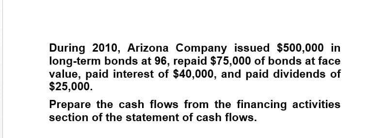 During 2010, Arizona Company issued $500,000 in
long-term bonds at 96, repaid $75,000 of bonds at face
value, paid interest of $40,000, and paid dividends of
$25,000.
Prepare the cash flows from the financing activities
section of the statement of cash flows.