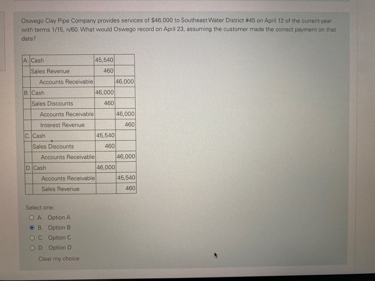 Oswego Clay Pipe Company provides services of $46,000 to Southeast Water District #45 on April 12 of the current year
with terms 1/15, n/60. What would Oswego record on April 23, assuming the customer made the correct payment on that
date?
A. Cash
Sales Revenue
Accounts Receivable
B. Cash
Sales Discounts
Accounts Receivable
Interest Revenue
C. Cash
Sales Discounts
Accounts Receivable
D. Cash
Accounts Receivable
Sales Revenue
Select one:
O A. Option A
OB. Option B
O C. Option C
OD. Option D
Clear my choice
45,540
460
46,000
460
45,540
460
46,000
46,000
46,000
460
46,000
45,540
460