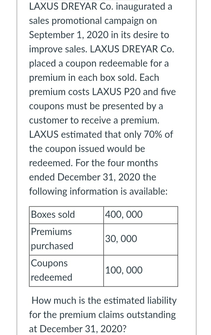 LAXUS DREYAR Co. inaugurated a
sales promotional campaign on
September 1, 2020 in its desire to
improve sales. LAXUS DREYAR Co.
placed a coupon redeemable for a
premium in each box sold. Each
premium costs LAXUS P20 and five
coupons must be presented by a
customer to receive a premium.
LAXUS estimated that only 70% of
the coupon issued would be
redeemed. For the four months
ended December 31, 2020 the
following information is available:
Boxes sold
|400, 000
Premiums
purchased
30, 000
Coupons
redeemed
|100, 000
How much is the estimated liability
for the premium claims outstanding
at December 31, 2020?
