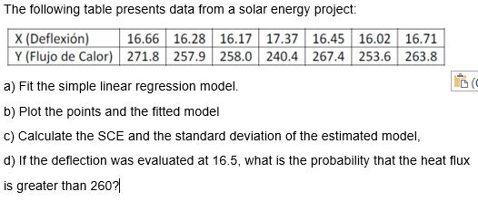 The following table presents data from a solar energy project:
X (Deflexión)
Y (Flujo de Calor) | 271.8 257.9 258.0 | 240.4 | 267.4 253.6 | 263.8
16.66 16.28 16.17 17.37 16.45 16.02 16.71
a) Fit the simple linear regression model.
b) Plot the points and the fitted model
c) Calculate the SCE and the standard deviation of the estimated model,
d) If the deflection was evaluated at 16.5, what is the probability that the heat flux
is greater than 260?|
