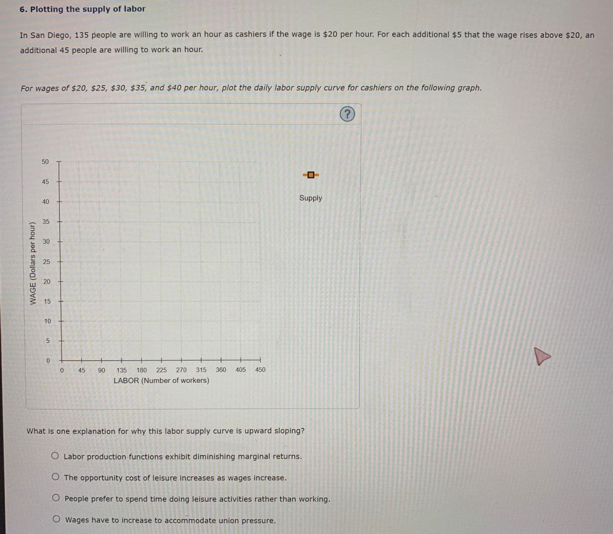 6. Plotting the supply of labor
In San Diego, 135 people are willing to work an hour as cashiers if the wage is $20 per hour. For each additional $5 that the wage rises above $20, an
additional 45 people are willing to work an hour.
For wages of $20, $25, $30, $35, and $40 per hour, plot the daily labor supply curve for cashiers on the following graph.
50
45
Supply
40
35
30
20
10
0 45
90
135
180
225
270
315
360
405
450
LABOR (Number of workers)
What is one explanation for why this labor supply curve is upward sloping?
O Labor production functions exhibit diminishing marginal returns.
O The opportunity cost of leisure increases as wages increase.
O People prefer to spend time doing leisure activities rather than working.
O Wages have to increase to accommodate union pressure.
WAGE (Dollars per hour)
15
25
