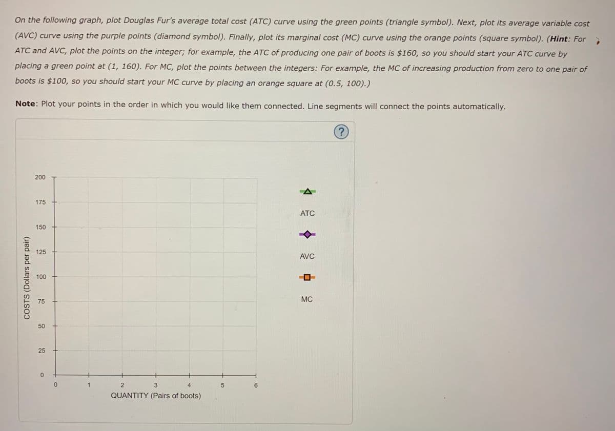 On the following graph, plot Douglas Fur's average total cost (ATC) curve using the green points (triangle symbol). Next, plot its average variable cost
(AVC) curve using the purple points (diamond symbol). Finally, plot its marginal cost (MC) curve using the orange points (square symbol). (Hint: For
ATC and AVC, plot the points on the integer; for example, the ATC of producing one pair of boots is $160, so you should start your ATC curve by
placing a green point at (1, 160). For MC, plot the points between the integers: For example, the MC of increasing production from zero to one pair of
boots is $100, so you should start your MC curve by placing an orange square at (0.5, 100).)
Note: Plot your points in the order in which you would like them connected. Line segments will connect the points automatically.
200
175
ATC
150
125
AVC
100
MC
75
50
1
4
9.
QUANTITY (Pairs of boots)
5
25
COSTS (Dollars per pair)

