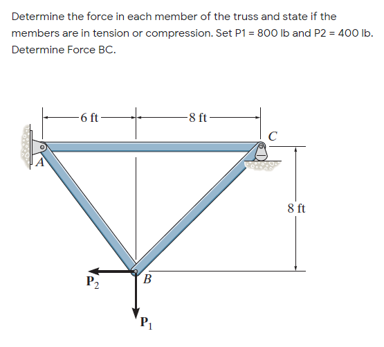 Determine the force in each member of the truss and state if the
members are in tension or compression. Set P1 = 800 Ib and P2 = 400 Ib.
Determine Force BC.
6 ft
-8 ft-
C
8 ft
B
P2
P1
