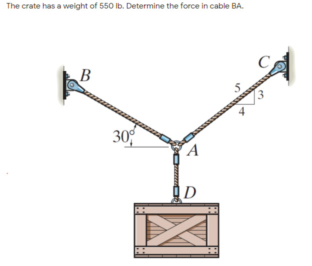 The crate has a weight of 550 lb. Determine the force in cable BA.
(3
30%
|D
