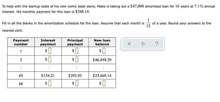 To help with the startup costs of his new comic book store, Pablo is taking out a $47,000 amortized loan for 10 years at 7.1% annual
interest. His monthly payment for this loan is $548.14.
of a year. Round your answers to the
12
Fill in all the blanks in the amortization schedule for the loan. Assume that each month is
nearest cent.
Principal
payment
New loan
Payment
number
Interest
payment
balance
1
$46,458.29
65
$154.21
$393.93
$25,669.14
66
