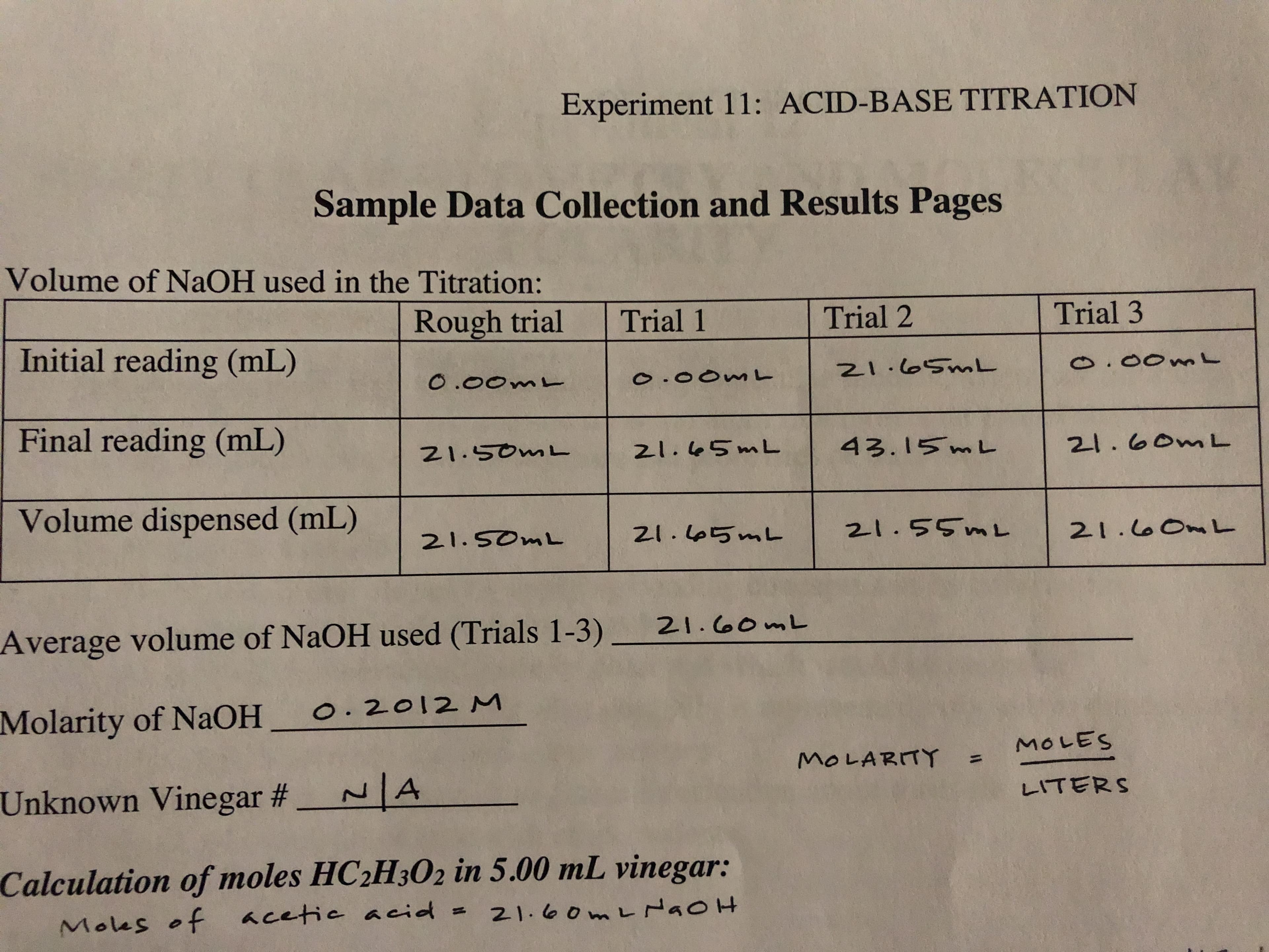 Experiment 11: ACID-BASE TITRATION
Sample Data Collection and Results Pages
Volume of NaOH used in the Titration:
Rough trial
Trial 3
Trial 1
Trial 2
Initial reading (mL)
o.00mL
Z1.0SmL
O .0om
o.00ML
Final reading (mL)
43.15 mL
Z1.50mL
21.6om L
z1.45ML
Volume dispensed (mL)
21.55ML
ZI. L5mL
21.5OML
21.o0OmL
21.6omL
Average volume of NaOH used (Trials 1-3)
O. 2012 M
Molarity of NaOH
MOLES
MOLARITY =
Unknown Vinegar #_N A
LITERS
Calculation of moles HC2H3O2 in 5.00 mL vinegar:
acetie acid =21. o om Ha0H
Moles of
