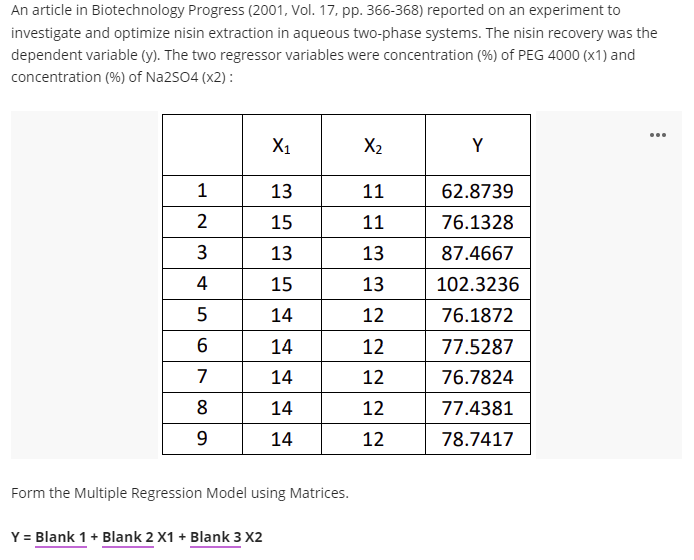 An article in Biotechnology Progress (2001, Vol. 17, pp. 366-368) reported on an experiment to
investigate and optimize nisin extraction in aqueous two-phase systems. The nisin recovery was the
dependent variable (y). The two regressor variables were concentration (%) of PEG 4000 (x1) and
concentration (%) of Na2S04 (x2):
...
X1
X2
Y
1
13
11
62.8739
2
15
11
76.1328
3
13
13
87.4667
4
15
13
102.3236
5
14
12
76.1872
14
12
77.5287
7
14
12
76.7824
8
14
12
77.4381
9.
14
12
78.7417
Form the Multiple Regression Model using Matrices.
Y = Blank 1+ Blank 2 X1 + Blank 3 X2
