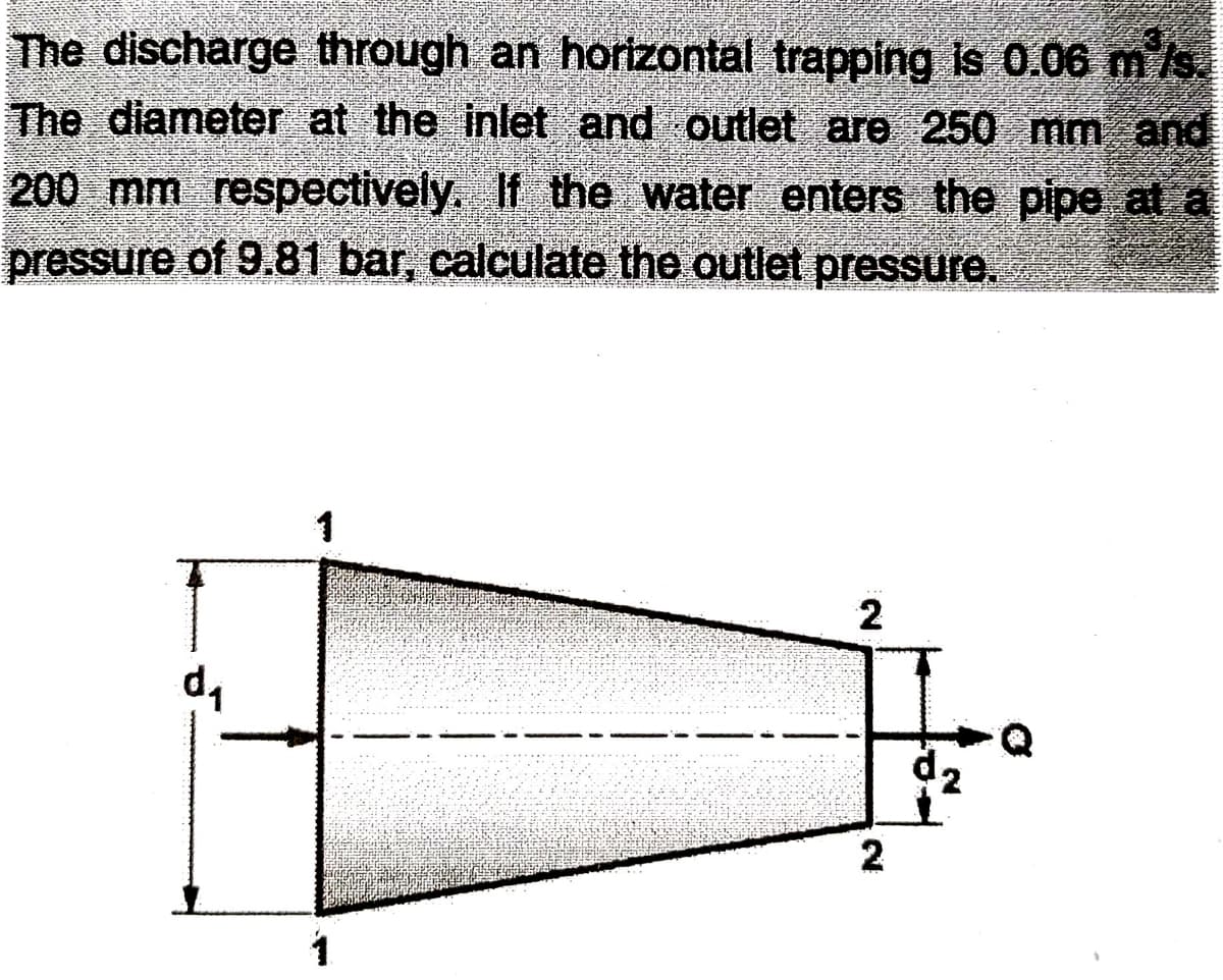 The discharge through an horizontal trapping is 0.06 m /s.
The diameter at the inlet and outlet are 250 mm and
200 mm respectively. If the water enters the pipe at a
pressure of 9.81 bar, calculate the outlet pressure.
1
2
2.
