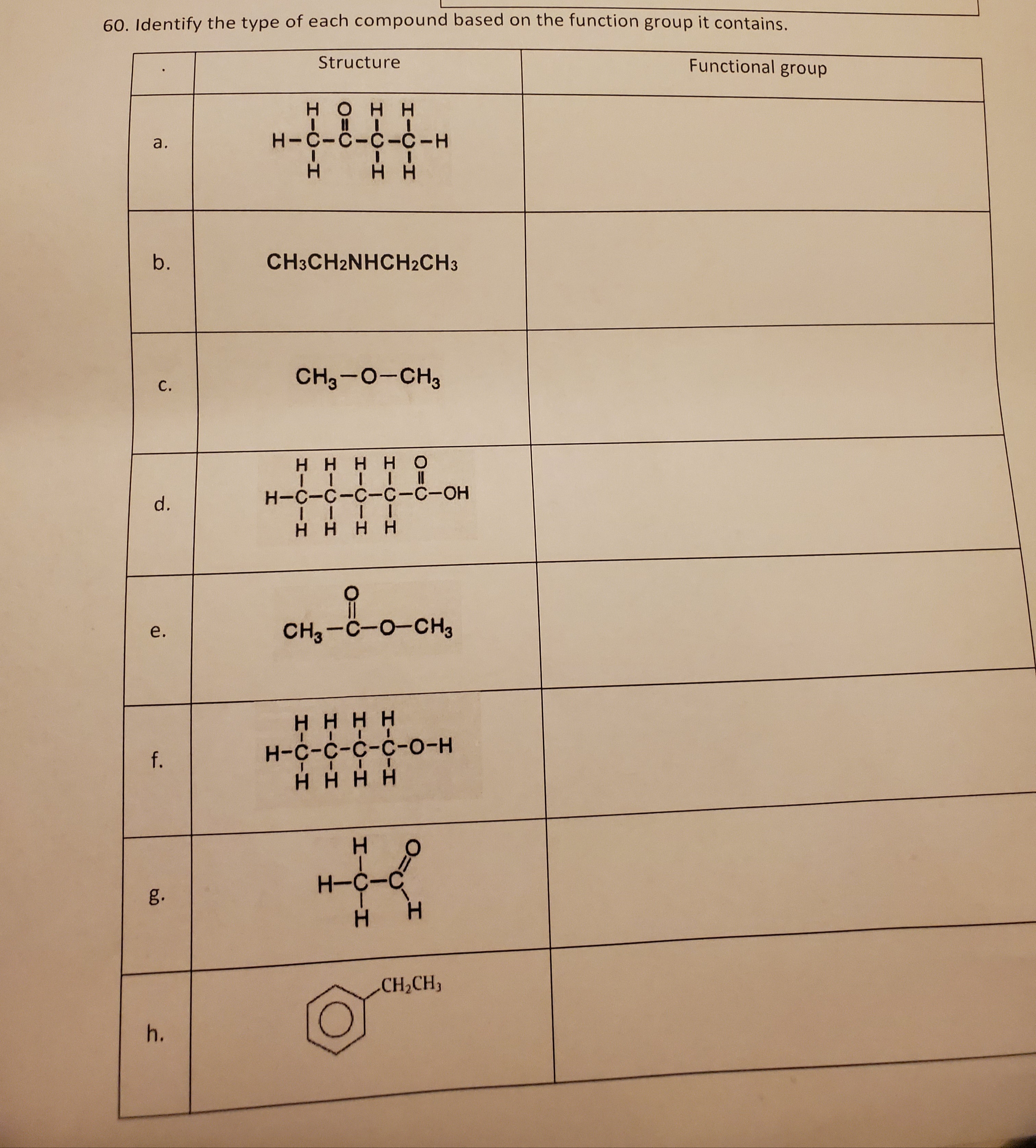 60. Identify the type of each compound based on the function group it contains.
Structure
Functional group
H H
H-C-C-C-C-H
a.
H.
b.
CH3CH2NHCH2CH3
CH3-0-CH3
C.
