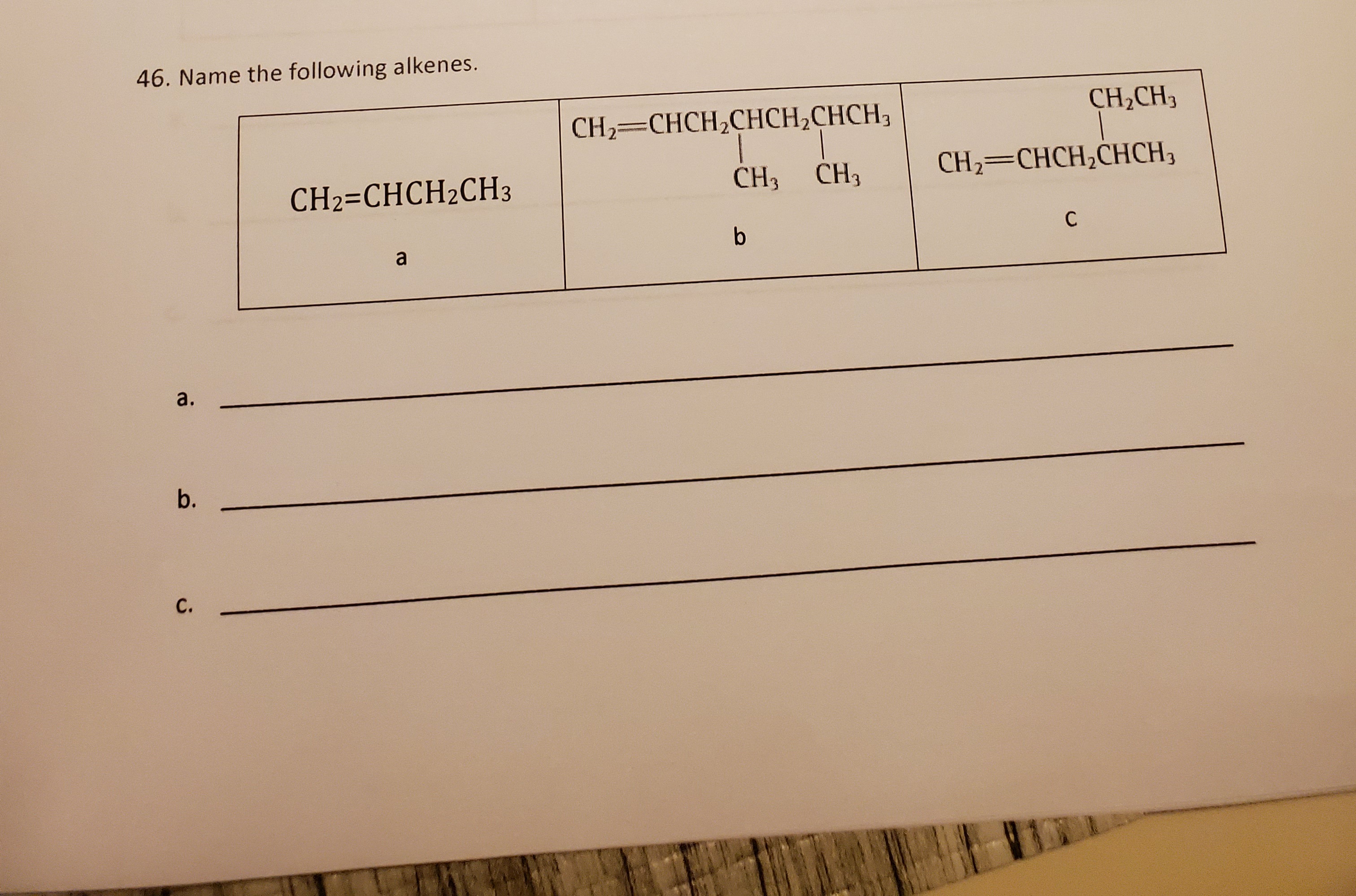 46. Name the following alkenes.
CH2=CHCH,CHCH,CHCH3
CH2CH3
CH2=CHCH2CH3
CH3
CH3
CH2=CHCH,CHCH3
b
C
a
