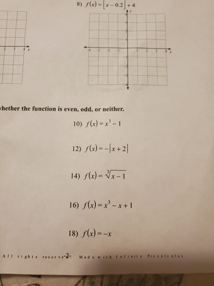 hether the function is even, odd, or neither.
10) f(x) = x² – 1
12) f(x) = -|x+2|
14) f(x) = Vx – 1
%3D
16) f(x) = x' – x + 1
18) f(x) =-x
