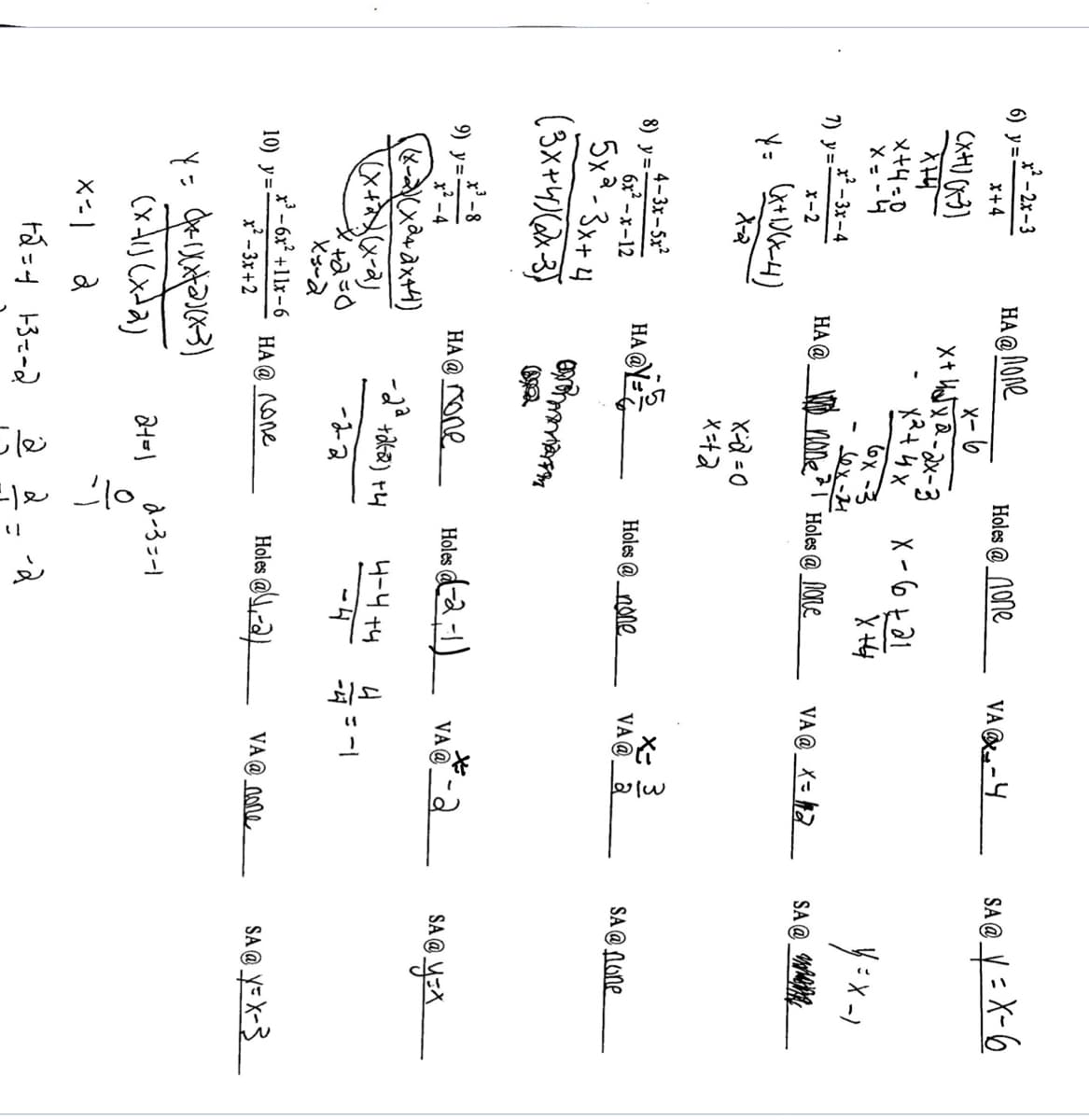 x² - 2x-3
6) y =
X+4
HA @ NOne
X-6
x+ HJx Q-2x-3
Holes @_1One
VA -4
X - 6¢a1
6x -3
sex-4
21 Holes @_Ole
X= -
x - 3x -4
1) y =
НА Ф
none?
VA @ _X= h2
SA @ _Me%
X-2
X-d = 0
4-3х - 5x?
8) y=
X: 3
VA@_ a
HA @Y=7
Holes @ _none
SA @ NONE
-x-12
5x?-3x+4
x'-8
9) y =
x* -4
Holes da1) va@
SA @ YEX
HA@ rone
4-4 +4
-2-2
x' - 6x² +11x – 6
10) y=
x² - 3x +2
Holes @2
SA @ Y= X-3
HA@ none
VA @_0one
d-3ニ-1
(x di) (xta)
+-3=-2
