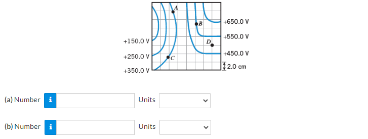 (a) Number i
B
+650.0 V
+550.0 V
+150.0 V
D
+250.0 V
+450.0 V
+350.0 V
$2.0 cm
Units
(b) Number i
Units