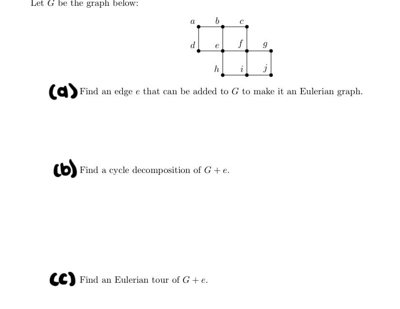 Let G be the graph below:
а ь с
d
f
e
a) Find an edge e that can be added to G to make it an Eulerian graph.
(b) Find a cycle decomposition of G + e.
CC) Find an Eulerian tour of G + e.
